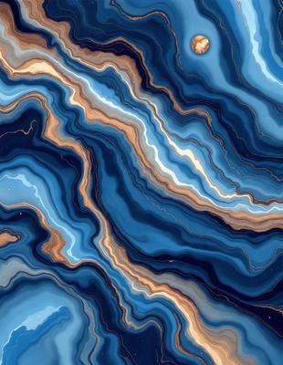 The primary subject of the image is a blue and gold marbled stone. The setting is a blue and gold marbled stone surface, which serves as the background. The visual style is a close-up of the marbled stone, showcasing its unique pattern and texture. The colors and mood of the image are predominantly blue and gold, creating a sense of elegance and sophistication.