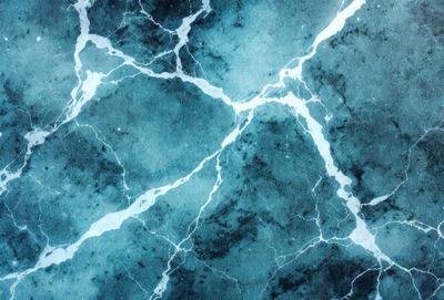 The primary subject of the image is a blue and white marble-like surface, which appears to be a wall or a piece of art. The setting is a room with a blue and white color scheme. The visual style is a combination of a photo and a digital art, illustration, or drawing. The colors and mood of the image are predominantly blue and white, creating a calm and serene atmosphere.