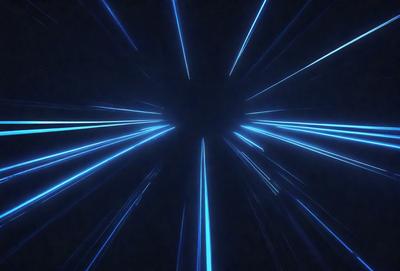 The primary subject of the image is a blue light streak or blur, which appears to be a lightning bolt or a similar effect. The setting is a dark background, which contrasts with the bright blue light. The visual style of the image is a combination of a photo and digital art, as it captures the motion of the light streak while maintaining a somewhat artistic appearance. The colors and mood of the image are predominantly blue, creating a sense of motion and energy.