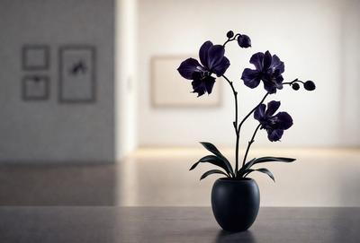 The primary subject of the image is a vase filled with purple flowers, placed on a table. The setting is a room with a white wall, and the visual style appears to be a photo. The dominant colors in the image are purple and white, creating a calm and serene atmosphere.