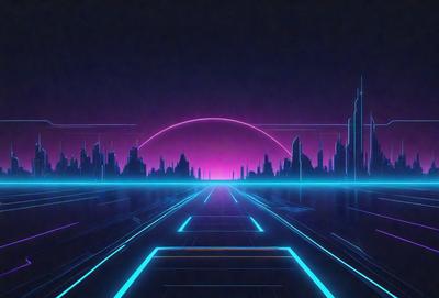 The primary subject of the image is a futuristic cityscape with a purple skyline. The setting is a city at night, with a large building in the background. The visual style is a digital art or illustration, creating a vibrant and colorful atmosphere. The dominant colors are purple and blue, giving the scene a unique and captivating mood.