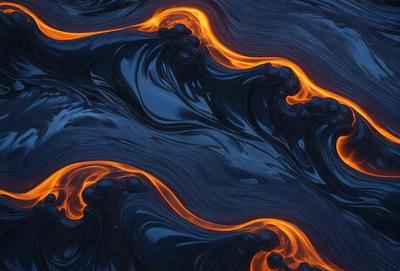 The primary subject of the image is a blue and orange wave, which appears to be a digital art or illustration. The setting is a dark blue background, and the visual style gives the impression of a painting or a pattern. The dominant colors are blue and orange, creating a vibrant and dynamic atmosphere.