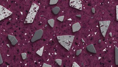 The primary subject of the image is a purple background with various shapes and sizes of rocks and stones. The setting appears to be a patterned surface, possibly a wall or a textured fabric. The visual style of the image is a combination of photo and digital art, creating a unique and intriguing design. The dominant colors in the image are purple and gray, giving the scene a calm and serene atmosphere.