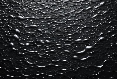 The primary subject of the image is a close-up of a black surface with water droplets on it. The setting is a dark background, and the visual style appears to be a photo of the water droplets. The colors are predominantly black, and the overall atmosphere is moist and reflective.
