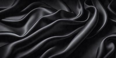 The primary subject of the image is a black fabric, which is the main object, scene, or focus of the image. The setting or background is a dark background, which complements the black fabric. The visual style of the image is a close-up of the fabric, showcasing its texture and details. The colors and mood of the image are predominantly black, creating a dramatic and moody atmosphere.
