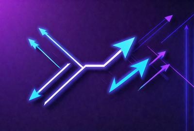 The primary subject of the image is a blue arrow pointing upwards. The arrow is the main focus of the image, and it is set against a purple background. The visual style of the image is digital art, as it appears to be a digital illustration or drawing. The colors and mood of the image are predominantly blue and purple, creating a calm and serene atmosphere.