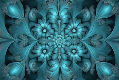The primary subject of the image is a blue and white floral pattern. The setting is a blue background, which adds to the overall visual style. The image is a digital art or illustration, showcasing the intricate details of the floral pattern. The dominant colors are blue and white, creating a calm and serene atmosphere.