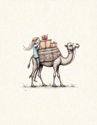The primary subject of the image is a woman riding a camel, which is carrying a pile of boxes. The setting is a grassy area, and the visual style is a combination of digital art and illustration. The colors are predominantly earthy tones, and the overall atmosphere is one of adventure and exploration.