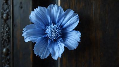 The primary subject of the image is a blue flower with a white center, which is placed on a wooden surface. The setting appears to be a room with a door visible in the background. The visual style of the image is a close-up of the flower, showcasing its details and colors. The dominant colors in the image are blue and white, creating a calm and serene atmosphere.