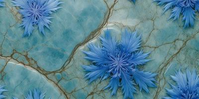 The primary subject of the image is a blue flower with a long stem, which is placed on a blue surface. The setting appears to be a stone or marble surface, possibly a table or a wall. The visual style of the image is a combination of photo and digital art, creating a unique and artistic representation of the flower. The dominant colors in the image are blue and white, giving the scene a calm and serene atmosphere.