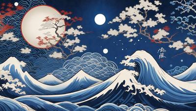The primary subject of the image is a painting of a wave with a moon in the background. The setting is a nighttime scene with a dark sky, and the visual style appears to be a traditional artwork. The dominant colors are blue and white, creating a serene and calming atmosphere.