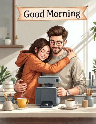 The primary subject of the image is a man and a woman hugging each other. They are standing in a kitchen, with a coffee maker and a cup visible on the counter. The visual style of the image is a digital art or illustration, creating a warm and cozy atmosphere. The colors in the image are predominantly warm and earthy tones, such as orange and brown, which contribute to the overall mood of the scene.