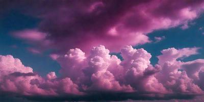 The primary subject of the image is a large, pink cloud with a purple sky in the background. The cloud is surrounded by smaller clouds, creating a dramatic and colorful scene. The visual style of the image is a combination of photo and digital art, giving it a unique and artistic appearance. The dominant colors in the image are pink and purple, creating a warm and inviting atmosphere.