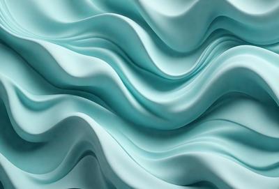 The primary subject of the image is a large, curved, and wavy blue surface, which appears to be a wall or a piece of art. The setting is a room with a blue-green color scheme. The visual style is a combination of a photo and digital art, creating a unique and eye-catching design. The colors and mood of the image are predominantly blue and green, giving it a calming and serene atmosphere.