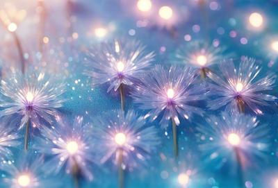 The primary subject of the image is a group of purple flowers with long stems. The flowers are arranged in a visually appealing manner, creating a sense of depth and dimension. The setting is a blue background, which complements the vibrant colors of the flowers. The visual style of the image is a combination of photo and digital art, resulting in a realistic yet artistic representation of the flowers. The colors and mood of the image are predominantly purple, creating a serene and calming atmosphere.