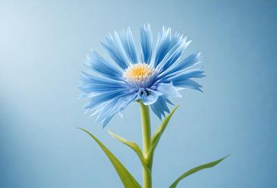 The primary subject of the image is a blue flower with a yellow center, sitting on a blue background. The visual style of the image is a photo, and the dominant colors are blue and yellow. The overall atmosphere of the image is calm and serene.