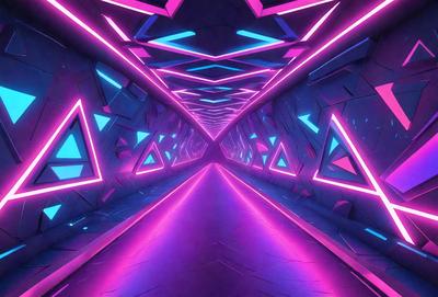 The primary subject of the image is a long, narrow tunnel with a purple and blue neon lighting. The setting is a futuristic, colorful environment, likely a part of a video game or an artistic installation. The visual style is a combination of digital art and illustration, creating a vibrant and dynamic atmosphere. The dominant colors are purple and blue, which contribute to the futuristic and otherworldly mood of the scene.