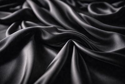 The primary subject of the image is a close-up of a black fabric, possibly a piece of silk or velvet. The setting is a dark background, which emphasizes the fabric's texture and appearance. The visual style is a black and white photo, which adds a timeless and classic feel to the image. The colors and mood are predominantly dark, with the black fabric serving as the focal point of the scene.