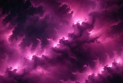 The primary subject of the image is a purple cloud with a pink hue. The cloud is surrounded by a purple sky, creating a visually striking scene. The setting appears to be a digital art or illustration, as the colors and patterns are vibrant and intricate. The overall atmosphere of the image is one of beauty and artistic expression.