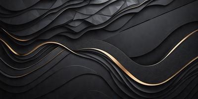 The primary subject of the image is a black and gold leather-like material, which appears to be a piece of art or a decorative item. The setting is a black background, which provides a striking contrast to the leather material. The visual style of the image is a close-up of the leather material, showcasing its intricate design and texture. The colors and mood of the image are predominantly black and gold, giving it a luxurious and elegant appearance.