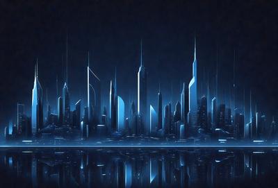 The primary subject of the image is a futuristic cityscape with a large number of skyscrapers. The setting is a dark, blue sky, which creates a dramatic and moody atmosphere. The visual style is a digital art or illustration, showcasing the city's impressive architecture. The colors and mood are predominantly dark and mysterious, with the blue sky serving as a striking contrast to the city's lights and structures.