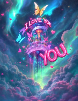 The primary subject of the image is a heart-shaped sign that says "I Love You." The setting is a cloudy sky, and the visual style is digital art. The dominant colors are pink and blue, creating a warm and loving atmosphere.