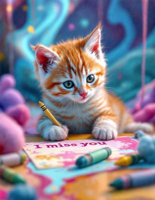 The primary subject of the image is a small orange and white kitten sitting on a table. The setting is a colorful and artistic environment, with a pink and blue background. The visual style is a combination of digital art and illustration, creating a whimsical and playful atmosphere. The colors and mood are predominantly pink and blue, with a touch of orange and white from the kitten.