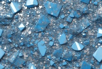 The primary subject of the image is a blue background with a pattern of blue and white glittery rocks. The setting is a blue surface, possibly a wall or a table, with the glittery rocks scattered across it. The visual style appears to be a combination of a photo and digital art, as the rocks have a glittery texture that gives the impression of a digital design. The colors and mood of the image are predominantly blue and white, creating a calm and serene atmosphere.