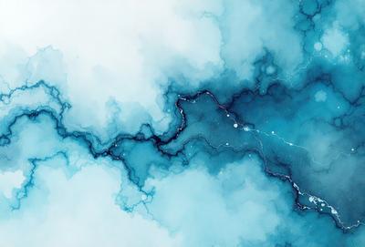 The primary subject of the image is a blue and white painting of a cloudy sky. The setting is a cloudy blue sky, and the visual style is a painting. The dominant colors are blue and white, creating a calm and serene atmosphere.
