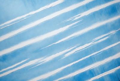 The primary subject of the image is a blue and white striped pattern. The setting is a blue background, and the visual style appears to be a digital art or illustration. The dominant colors are blue and white, creating a calm and soothing atmosphere.
