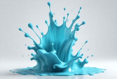 The primary subject of the image is a blue liquid, possibly a paint or a dye, that is splashing and spraying onto a white surface. The setting appears to be a studio or a workspace, as the liquid is being poured onto a table. The visual style of the image is a close-up of the blue liquid, showcasing its vibrant color and the spraying action. The overall atmosphere of the image is dynamic and energetic, as the blue liquid creates a striking contrast against the