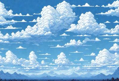 The primary subject of the image is a cloudy sky filled with various cloud formations. The setting is a vast, open landscape with a mountain range visible in the distance. The visual style is a digital art or illustration, showcasing the beauty of the cloudy sky and the mountain range. The colors and mood of the image are predominantly blue and white, creating a serene and peaceful atmosphere.