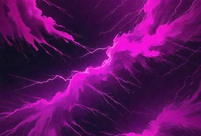 The primary subject of the image is a purple sky filled with lightning bolts. The setting is a dark, cloudy night, and the visual style is a digital art or illustration. The dominant colors are purple and pink, creating a dramatic and moody atmosphere.