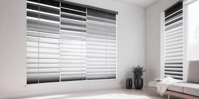 The primary subject of the image is a large window with white blinds. The setting is a white room with a potted plant placed on the floor. The visual style is a photo, and the colors and mood are predominantly white, creating a clean and minimalist atmosphere.