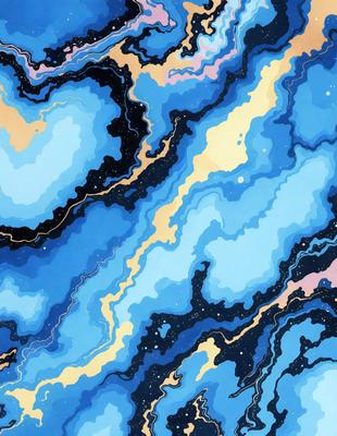 The primary subject of the image is a blue and gold swirling pattern, which appears to be a digital art or illustration. The setting is a blue and gold background, and the visual style is a combination of digital art and illustration. The dominant colors in the image are blue and gold, creating a vibrant and lively atmosphere.