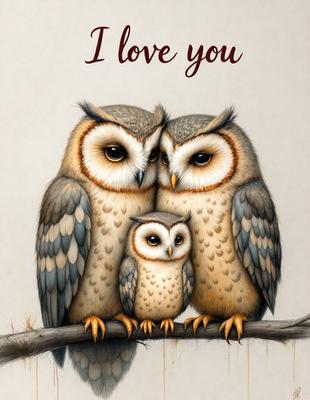 The primary subject of the image is a group of three owls, with one being a baby owl, sitting together on a branch. The setting is a natural environment, with the owls perched on a tree branch. The visual style is a painting or drawing, showcasing the owls in a detailed and artistic manner. The colors and mood of the image are warm and inviting, with the owls appearing to be cuddling and enjoying each other's company.