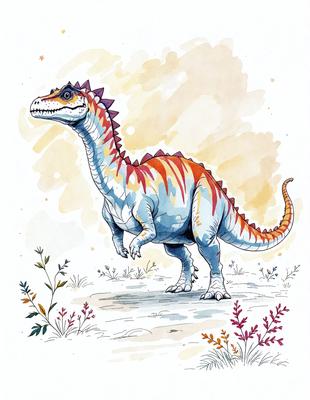 The primary subject of the image is a large, colorful, and detailed illustration of a dinosaur, specifically a T-Rex. The setting is a grassy field, and the visual style is a combination of digital art and illustration. The colors and mood of the image are vibrant and lively, with the T-Rex standing out as the main focus.