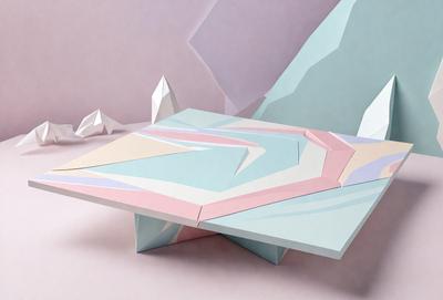 The primary subject of the image is a colorful, abstract, and geometric table. The table is made of a combination of blue, pink, and white colors, giving it a vibrant and lively appearance. The table is placed on a pink surface, which adds to the overall visual appeal of the scene. The setting appears to be a creative and artistic environment, possibly a studio or an art gallery. The visual style of the image is a mix of digital art and illustration, showcasing the intricate details