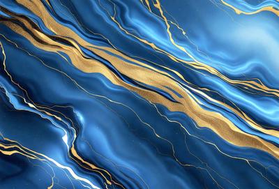 The primary subject of the image is a blue and gold marbled wallpaper. The setting is a room with a blue and gold marbled wallpapered wall. The visual style is a close-up of the wallpaper, showcasing its intricate design. The colors and mood of the image are predominantly blue and gold, creating a luxurious and elegant atmosphere.