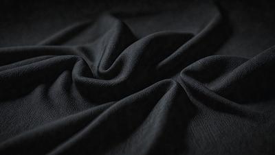 The primary subject of the image is a black fabric, possibly a piece of cloth or a curtain. The setting is a dark room, and the visual style appears to be a close-up of the fabric. The colors and mood of the image are predominantly dark and moody, with the black fabric as the main focus.
