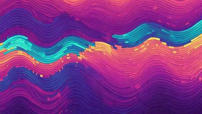The primary subject of the image is a colorful, abstract design featuring a mix of purple, blue, and orange hues. The setting is a wall with a patterned texture, giving the impression of a wave or a water-like surface. The visual style is a combination of digital art and illustration, creating a vibrant and dynamic appearance. The colors and mood of the image are lively and energetic, with the purple, blue, and orange tones evoking a sense of excitement and movement.