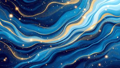 The primary subject of the image is a blue and gold swirling pattern, which appears to be a digital art or illustration. The setting is a blue background, and the visual style is a combination of digital art and illustration. The dominant colors are blue and gold, creating a vibrant and lively atmosphere.