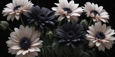 The primary subject of the image is a bouquet of flowers, predominantly black and white, with some white flowers. The flowers are arranged in a vase, creating a visually appealing display. The setting is a dark room, which adds a dramatic and moody atmosphere to the scene. The visual style of the image is a close-up of the flowers, emphasizing their details and textures. The colors and mood of the image are predominantly dark, with the black and white flowers contrasting against the dark