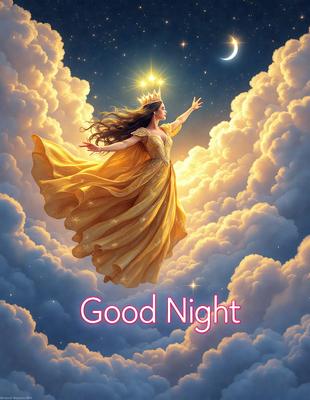 The primary subject of the image is a woman dressed in a yellow gown, flying through the sky with her arms outstretched. She appears to be a celestial figure, possibly a princess or a goddess. The setting is a cloudy sky, which serves as a beautiful backdrop for the scene. The visual style of the image is a digital art or illustration, with a focus on the woman's figure and the overall composition of the scene. The colors in the image are predominantly yellow and white,