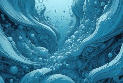 The primary subject of the image is a blue ocean filled with bubbles and waves. The setting is underwater, with the ocean floor visible. The visual style is a digital art or illustration, creating a vibrant and dynamic scene. The dominant colors are blue and white, with the blue ocean and white bubbles creating a serene and calming atmosphere.