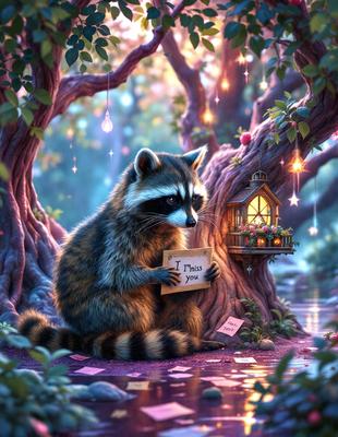 The primary subject of the image is a raccoon sitting under a tree, holding a note. The setting is a forest with a tree and a birdhouse nearby. The visual style is digital art, and the colors and mood are warm and inviting.