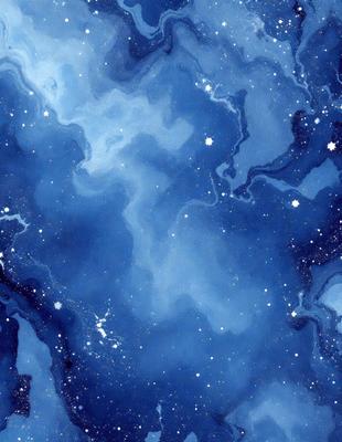 The primary subject of the image is a blue and white starry sky. The setting is a nighttime scene with a dark blue background, and the visual style is a digital art or illustration. The colors and mood of the image are predominantly blue and serene, creating a peaceful and tranquil atmosphere.