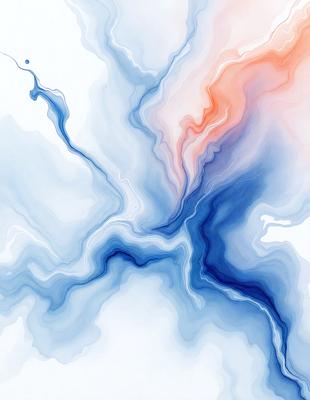 The primary subject of the image is a blue and white painting, which features a swirling design. The setting is a white background, and the visual style is a painting. The dominant colors are blue and white, creating a calm and serene atmosphere.