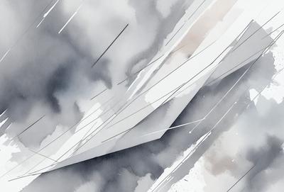 The primary subject of the image is a painting of a cloudy sky. The setting is a cloudy day, and the visual style is a watercolor painting. The colors and mood of the painting are predominantly gray and moody, creating a dramatic atmosphere.