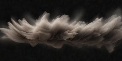 The primary subject of the image is a large, swirling cloud of smoke. The setting is a dark background, which contrasts with the smoke, creating a dramatic visual effect. The visual style is a combination of a photo and digital art, as the smoke appears to be digitally manipulated to create a more dynamic and intricate pattern. The colors and mood of the image are predominantly dark and moody, with the smoke taking on a more dramatic and mysterious appearance.